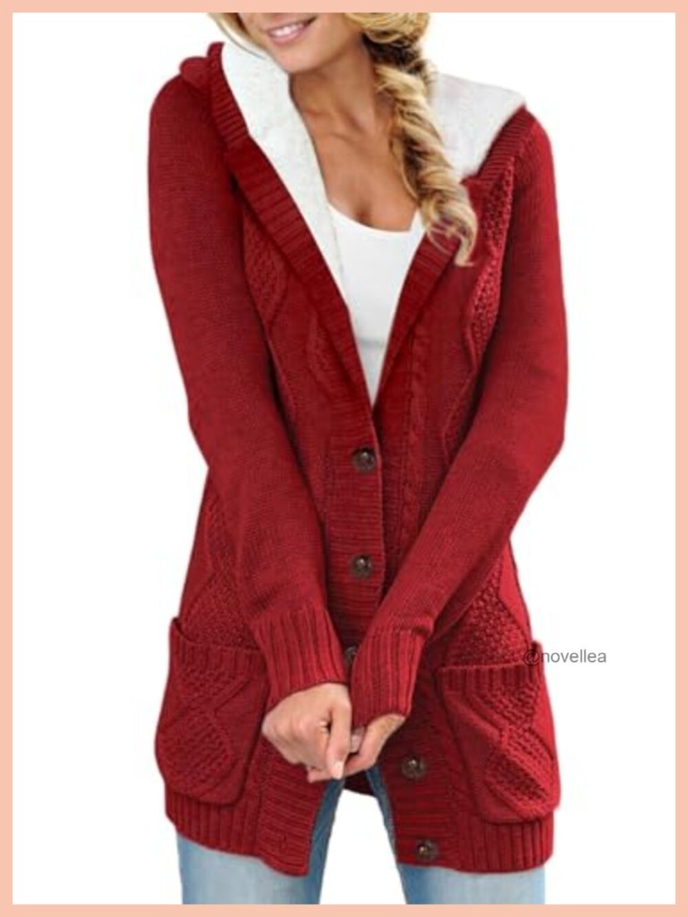 Cable Knit Fleece Lined Hood Cardigan Sweater Button Open Front Pockets